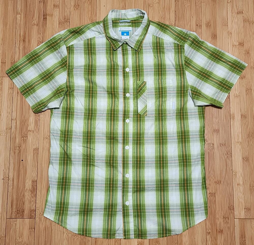 Columbia Omni Wick Men's Medium Short Sleeve Button Up Green Plaid Hiking Beach